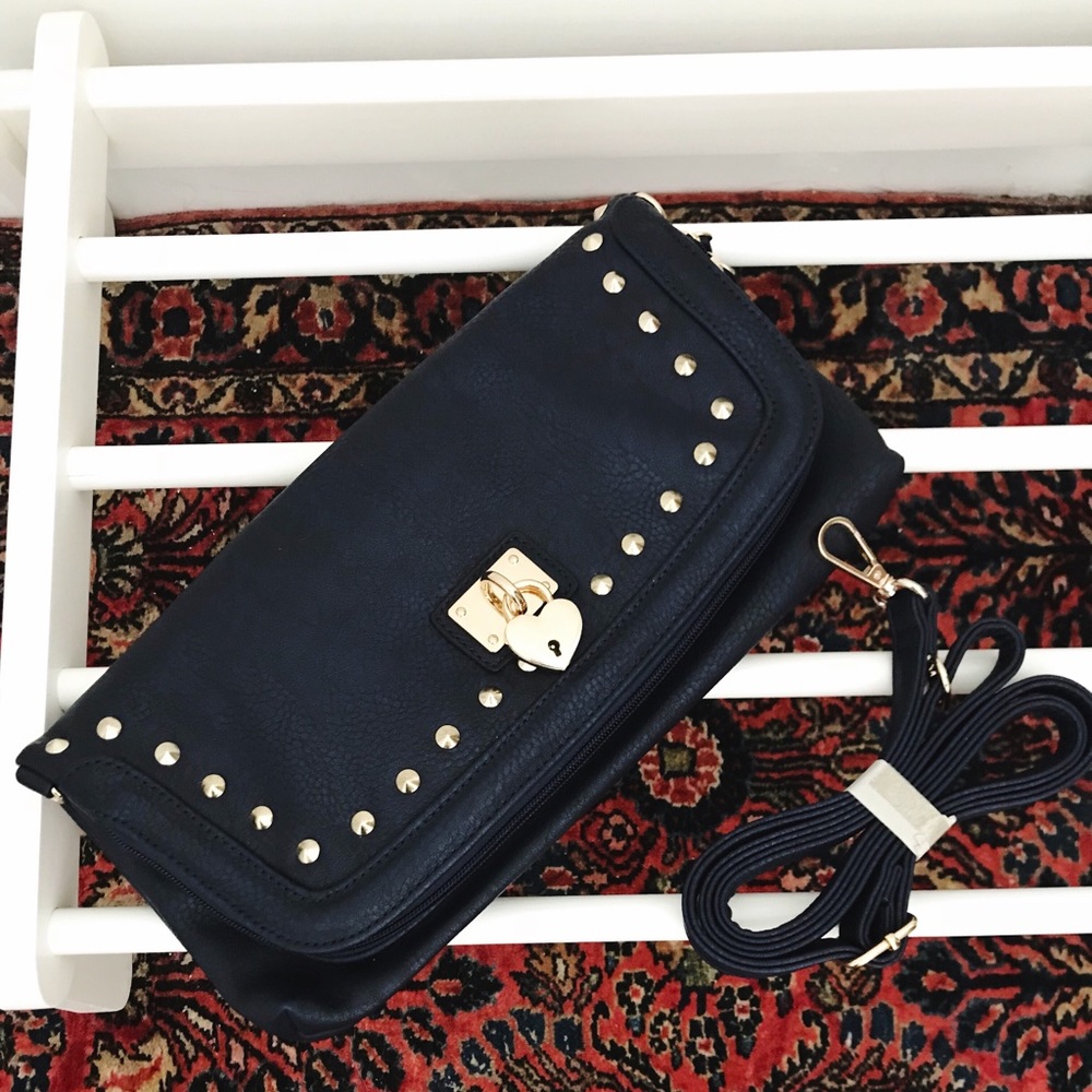 Blue Foldover Clutch With Gold Heart Lock